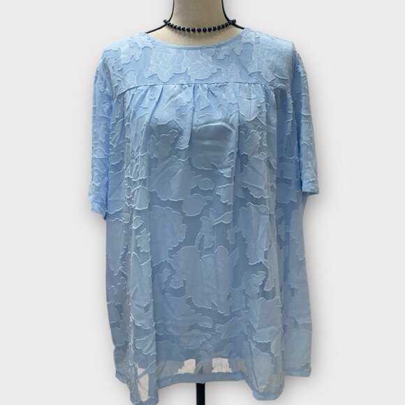 Women's 2XL Light Blue Summer Chiffon Loose Top Floral Texture Vacay Beach - Picture 1 of 7